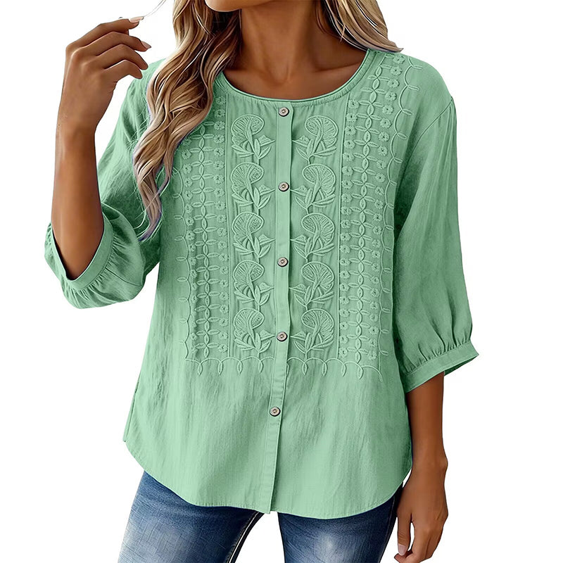 Lorrie Embroidered Cotton and Linen Blouse