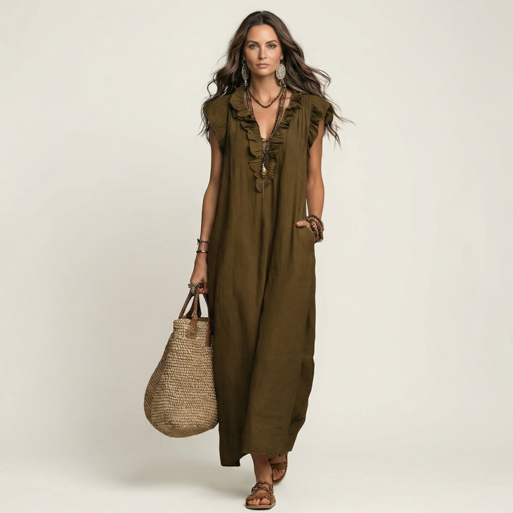 Josette Ruffle V-Neck Maxi Dress