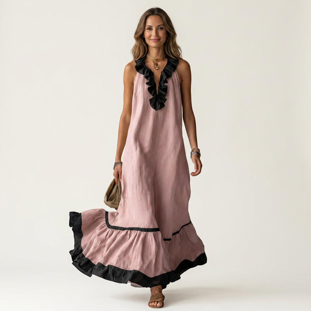 Mayline Sleeveless Ruffle Neck Contrast Trim Maxi Dress