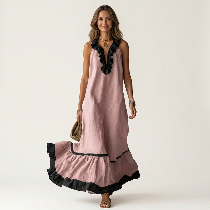 Mayline Sleeveless Ruffle Neck Contrast Trim Maxi Dress