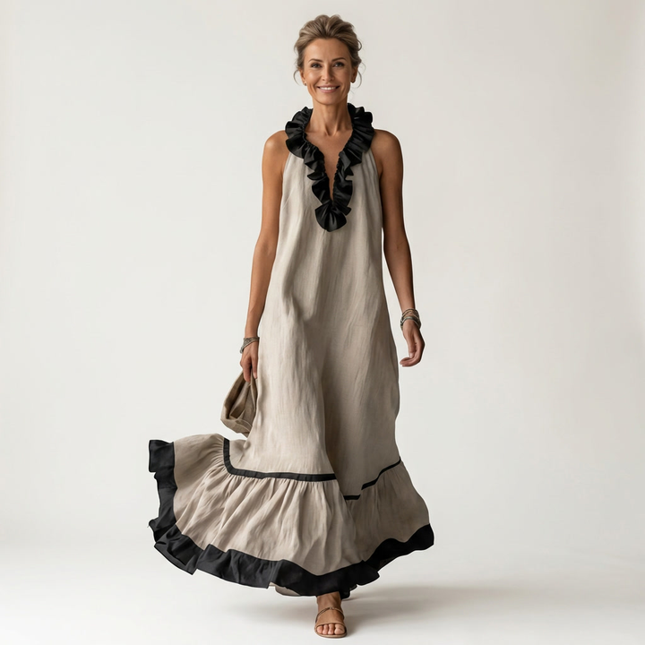 Mayline Sleeveless Ruffle Neck Contrast Trim Maxi Dress