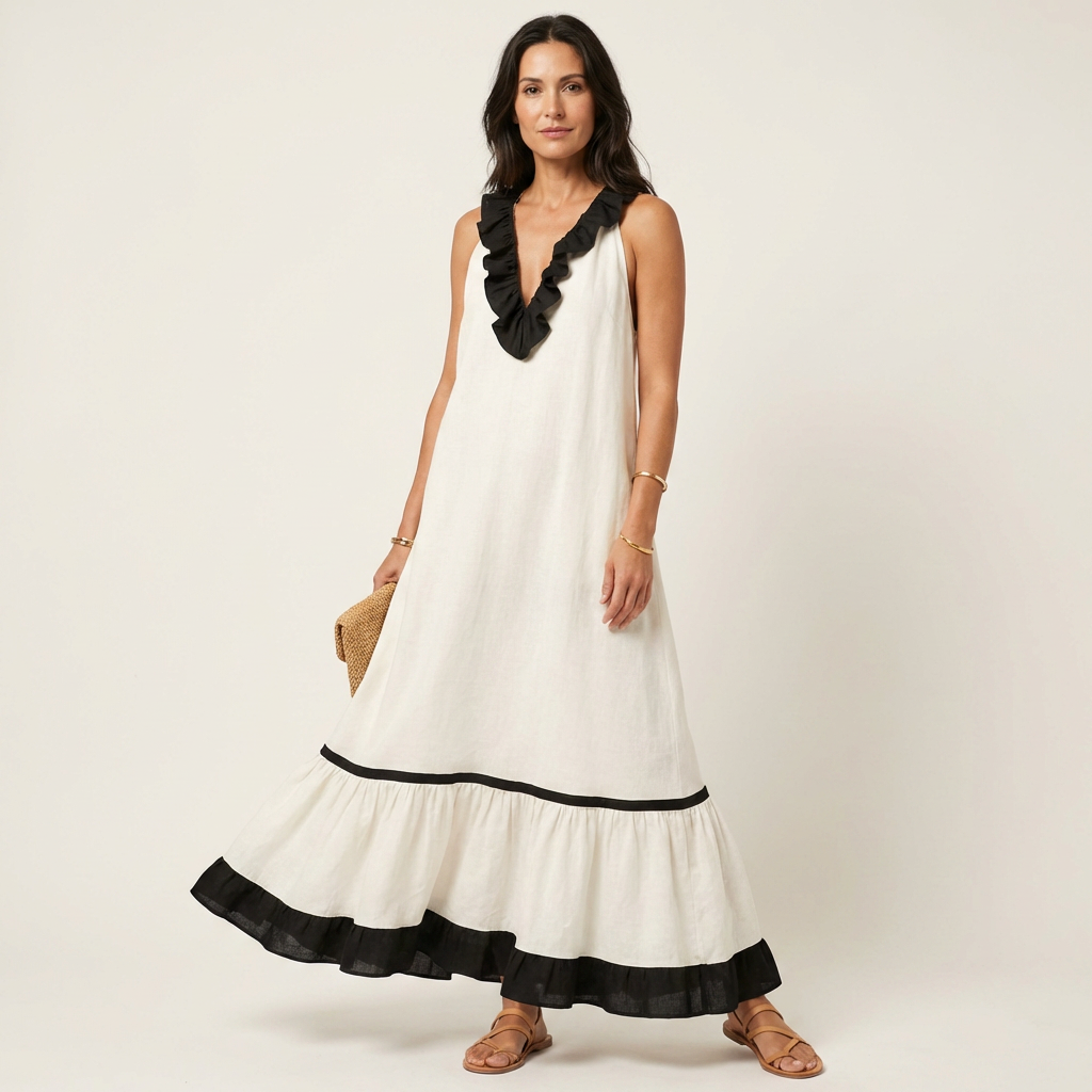 Mayline Sleeveless Ruffle Neck Contrast Trim Maxi Dress