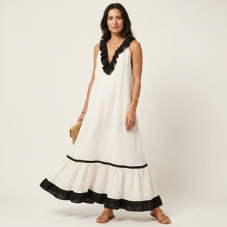 Mayline Sleeveless Ruffle Neck Contrast Trim Maxi Dress