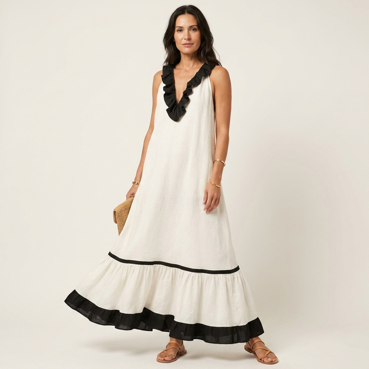 Mayline Sleeveless Ruffle Neck Contrast Trim Maxi Dress