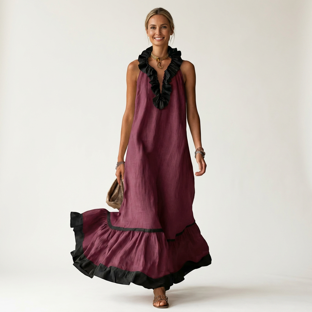 Mayline Sleeveless Ruffle Neck Contrast Trim Maxi Dress