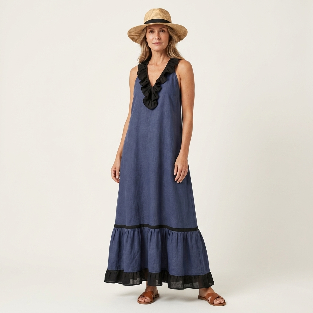 Mayline Sleeveless Ruffle Neck Contrast Trim Maxi Dress