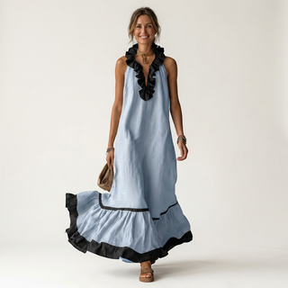 Mayline Sleeveless Ruffle Neck Contrast Trim Maxi Dress