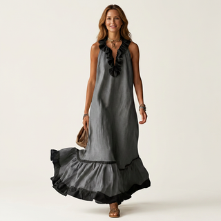 Mayline Sleeveless Ruffle Neck Contrast Trim Maxi Dress