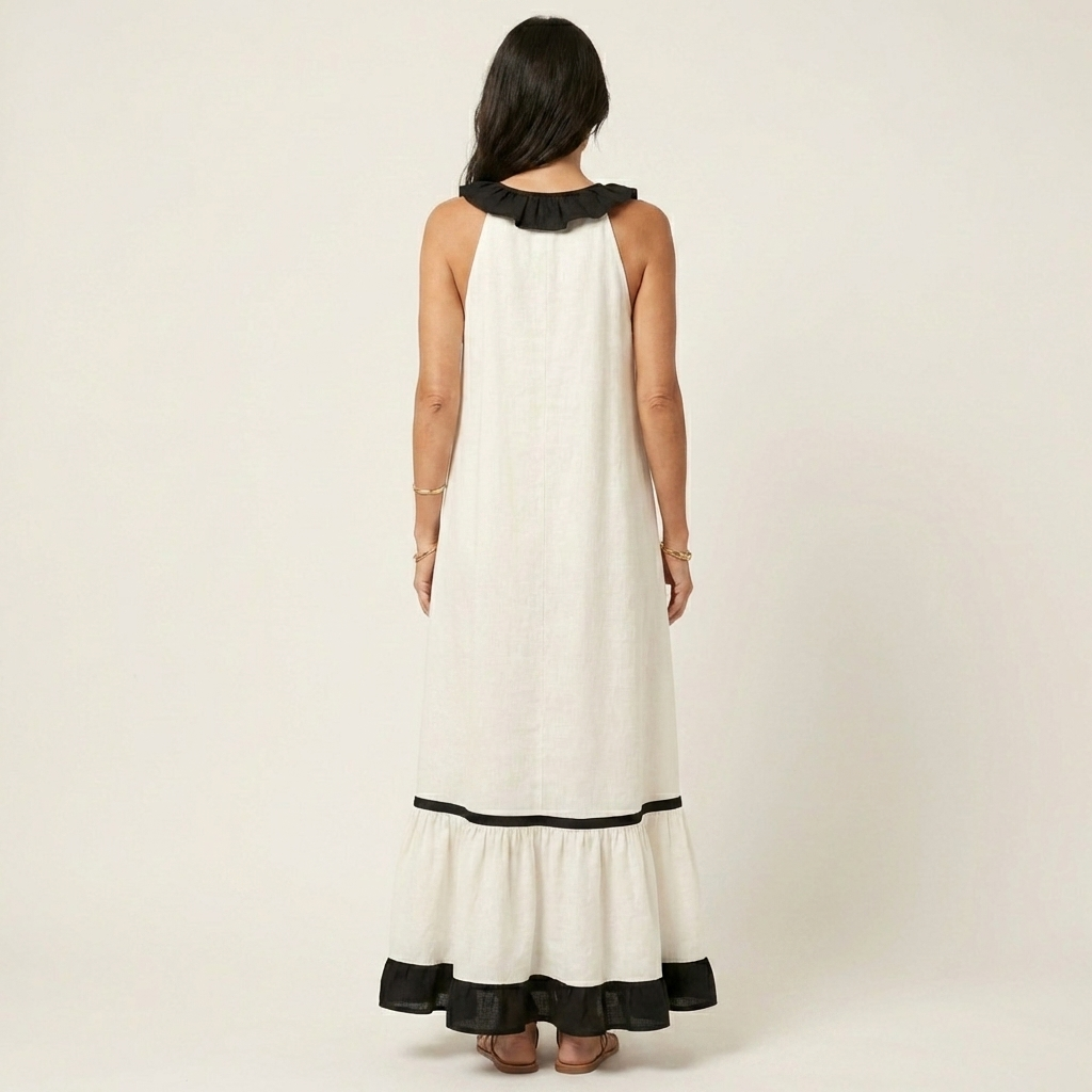 Mayline Sleeveless Ruffle Neck Contrast Trim Maxi Dress