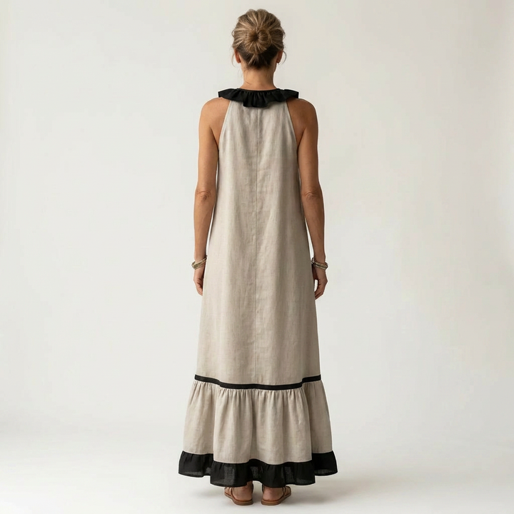 Mayline Sleeveless Ruffle Neck Contrast Trim Maxi Dress