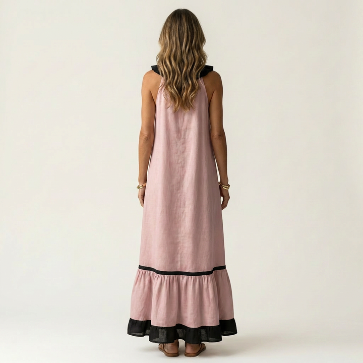 Mayline Sleeveless Ruffle Neck Contrast Trim Maxi Dress