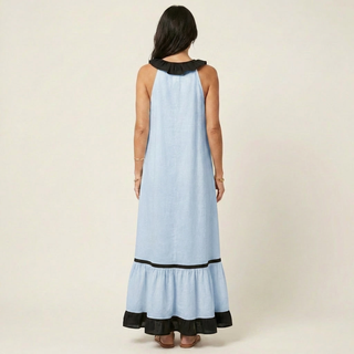 Mayline Sleeveless Ruffle Neck Contrast Trim Maxi Dress