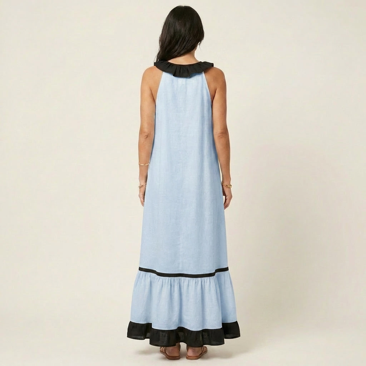 Mayline Sleeveless Ruffle Neck Contrast Trim Maxi Dress