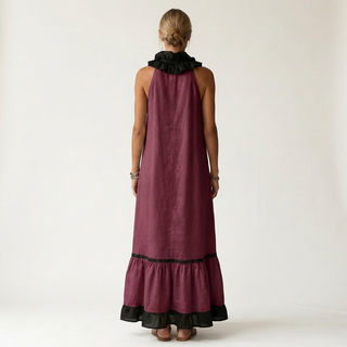 Mayline Sleeveless Ruffle Neck Contrast Trim Maxi Dress