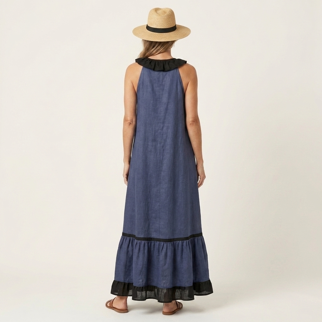 Mayline Sleeveless Ruffle Neck Contrast Trim Maxi Dress