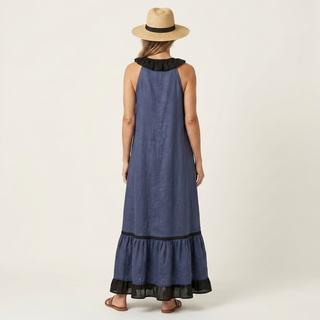 Mayline Sleeveless Ruffle Neck Contrast Trim Maxi Dress