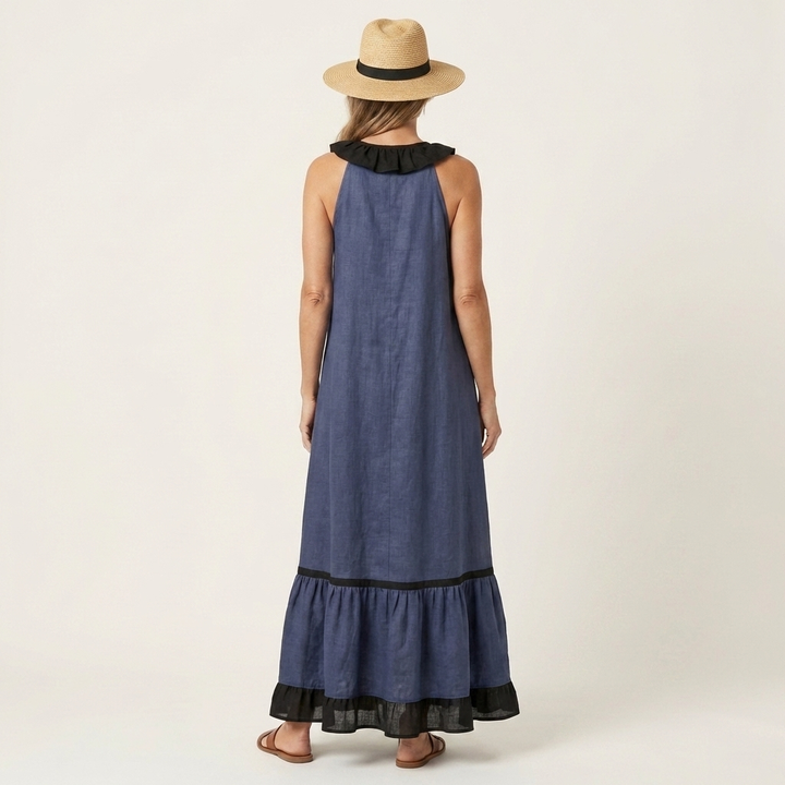 Mayline Sleeveless Ruffle Neck Contrast Trim Maxi Dress