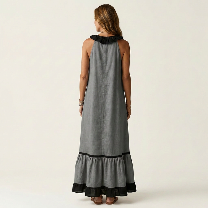 Mayline Sleeveless Ruffle Neck Contrast Trim Maxi Dress