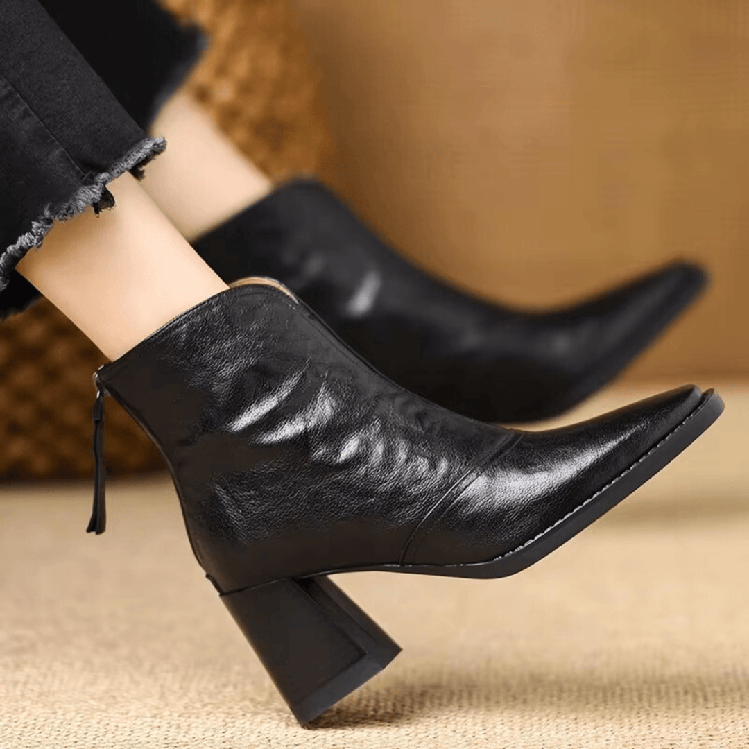 Mid Heel Leather Ankle Boots
