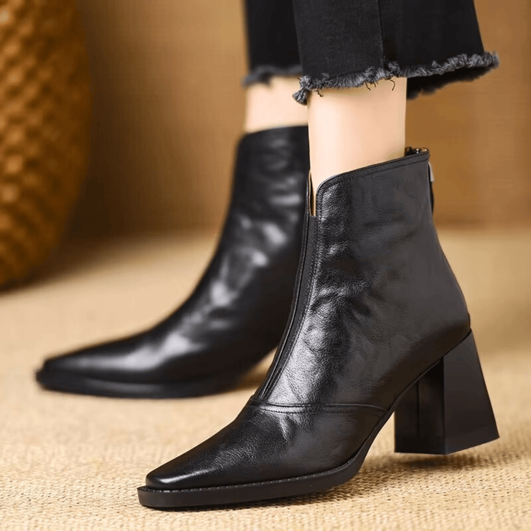 Mid Heel Leather Ankle Boots