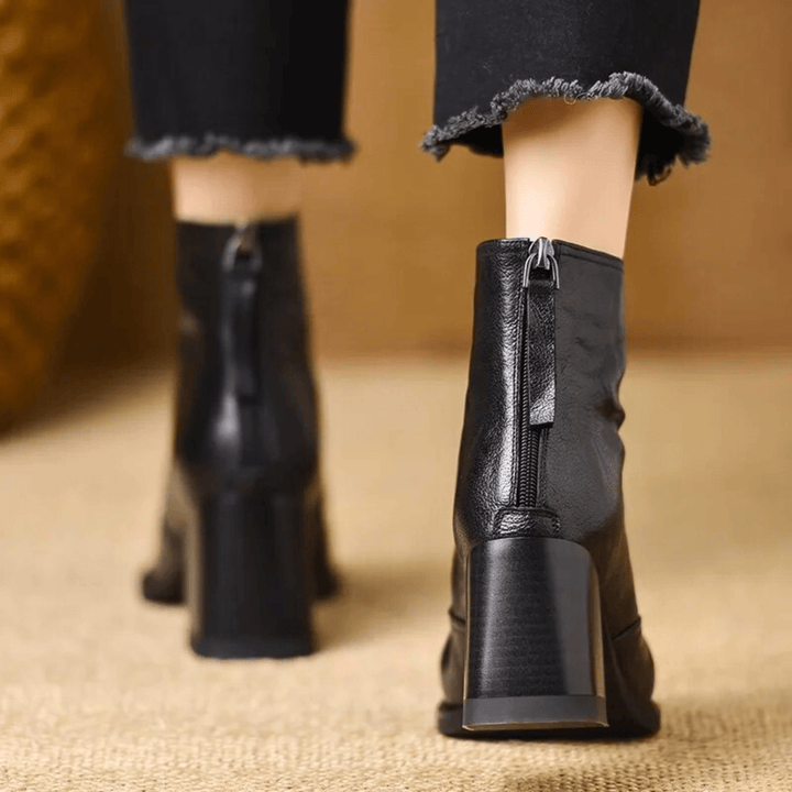 Mid Heel Leather Ankle Boots