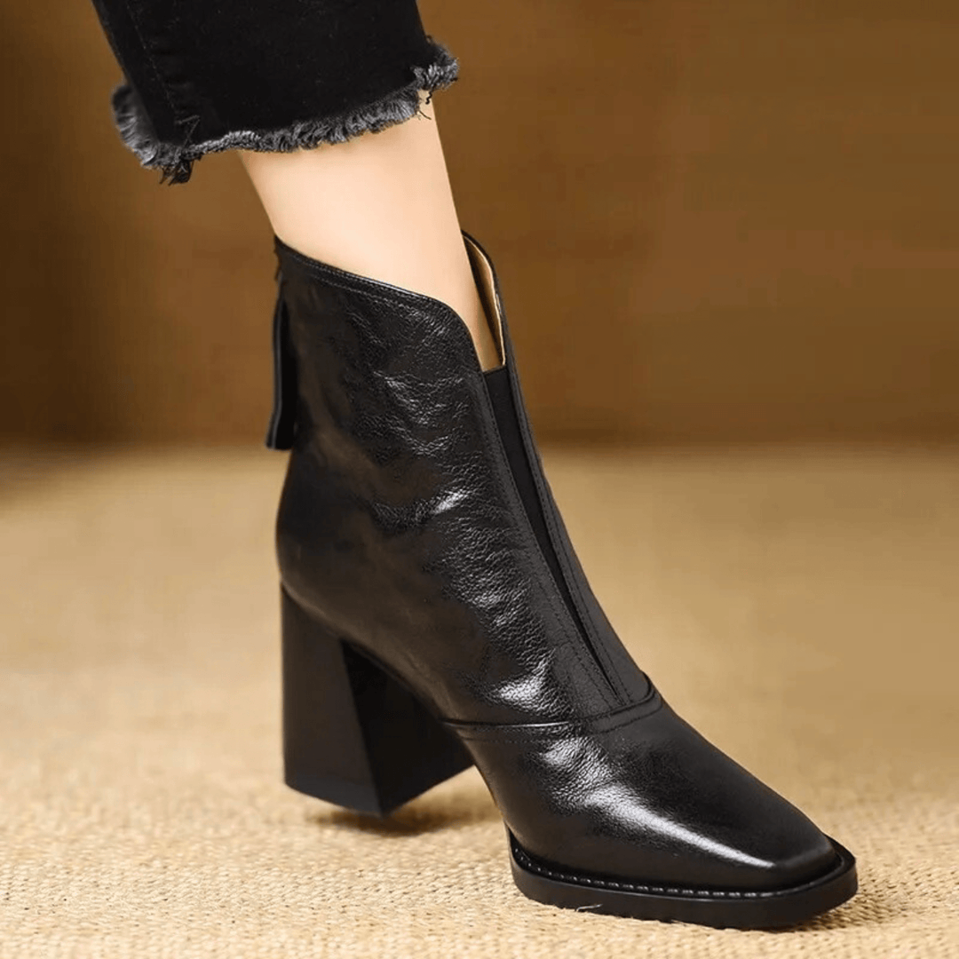 Mid Heel Leather Ankle Boots