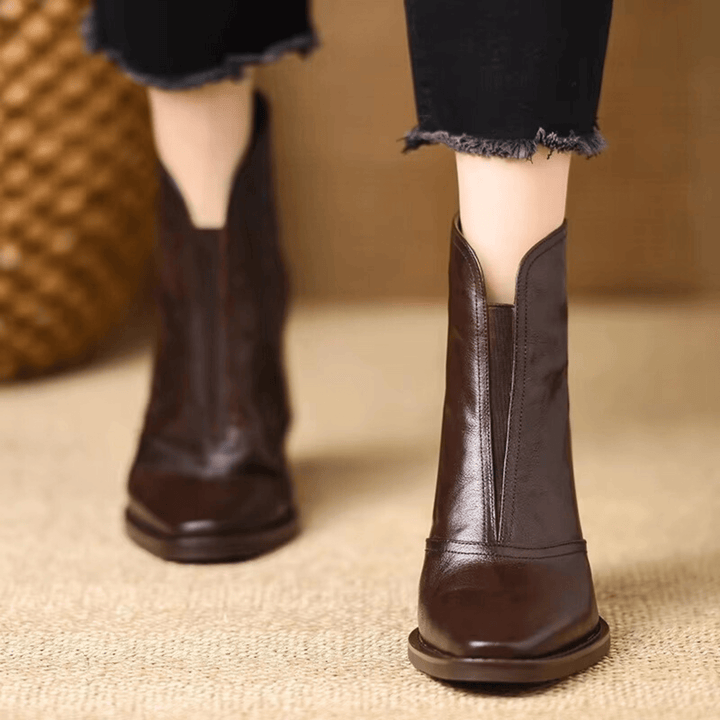 Mid Heel Leather Ankle Boots