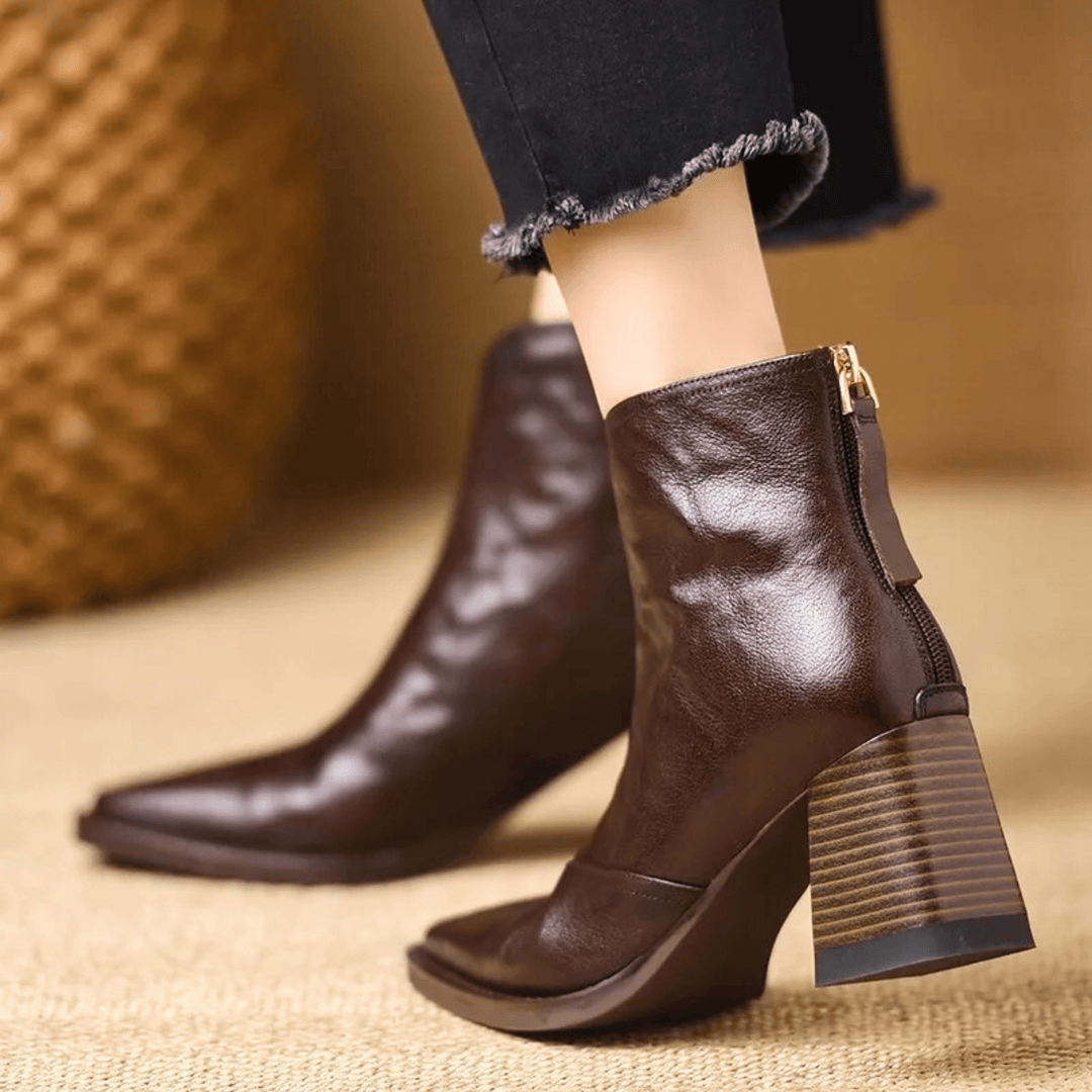 Mid Heel Leather Ankle Boots