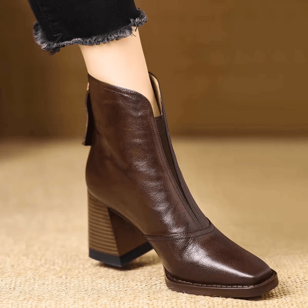 Mid Heel Leather Ankle Boots