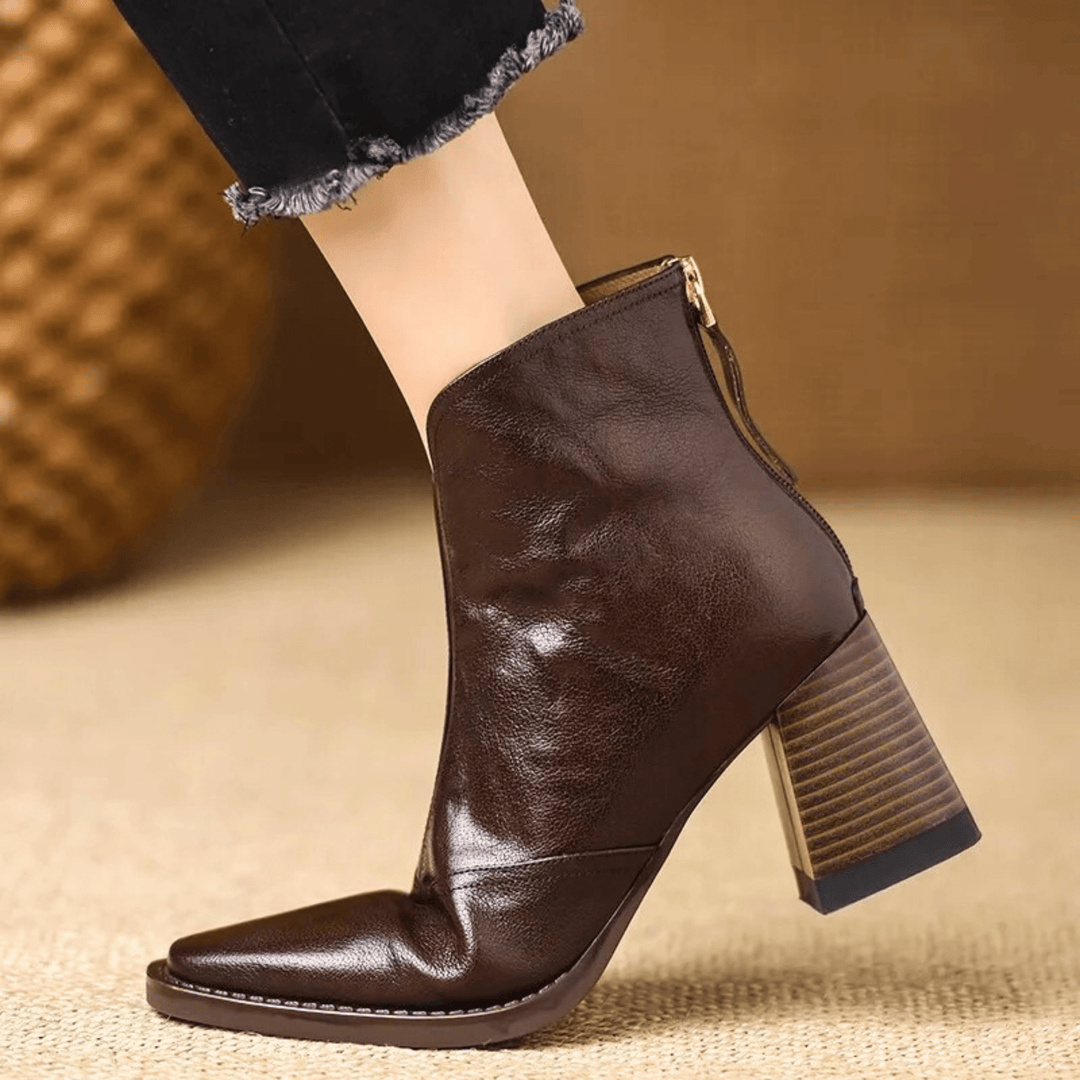 Mid Heel Leather Ankle Boots
