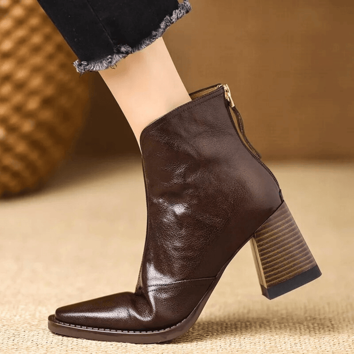 Mid Heel Leather Ankle Boots